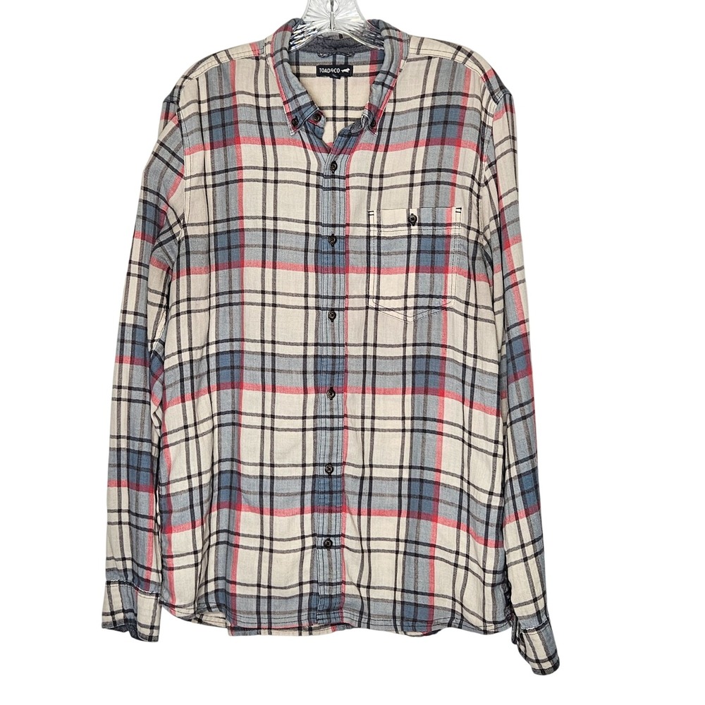 Toad & Co Plaid Button-Down Shirt L Recycled Cotton Long Sleeve Beige/Red/Gray